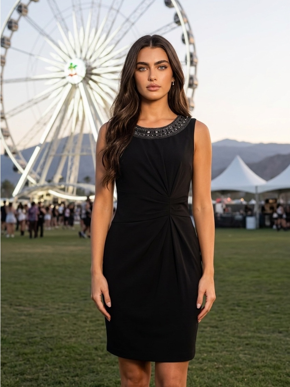 Tahari Black Sheath Dress with Embellished Beaded Neckline